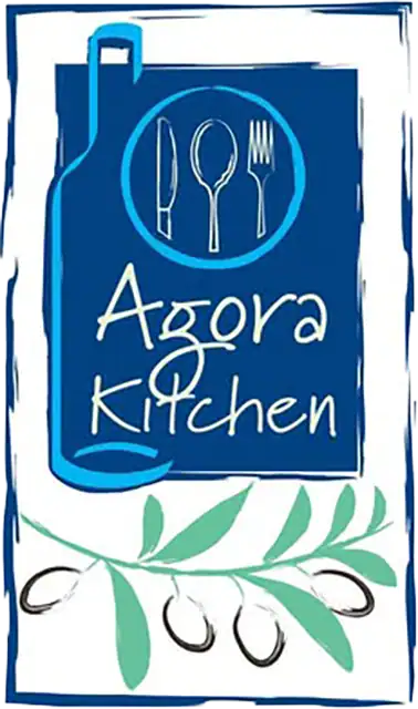 Agora Kitchen logo with a blue background and white text.