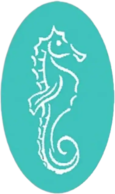 Seahorse icon on a teal background.