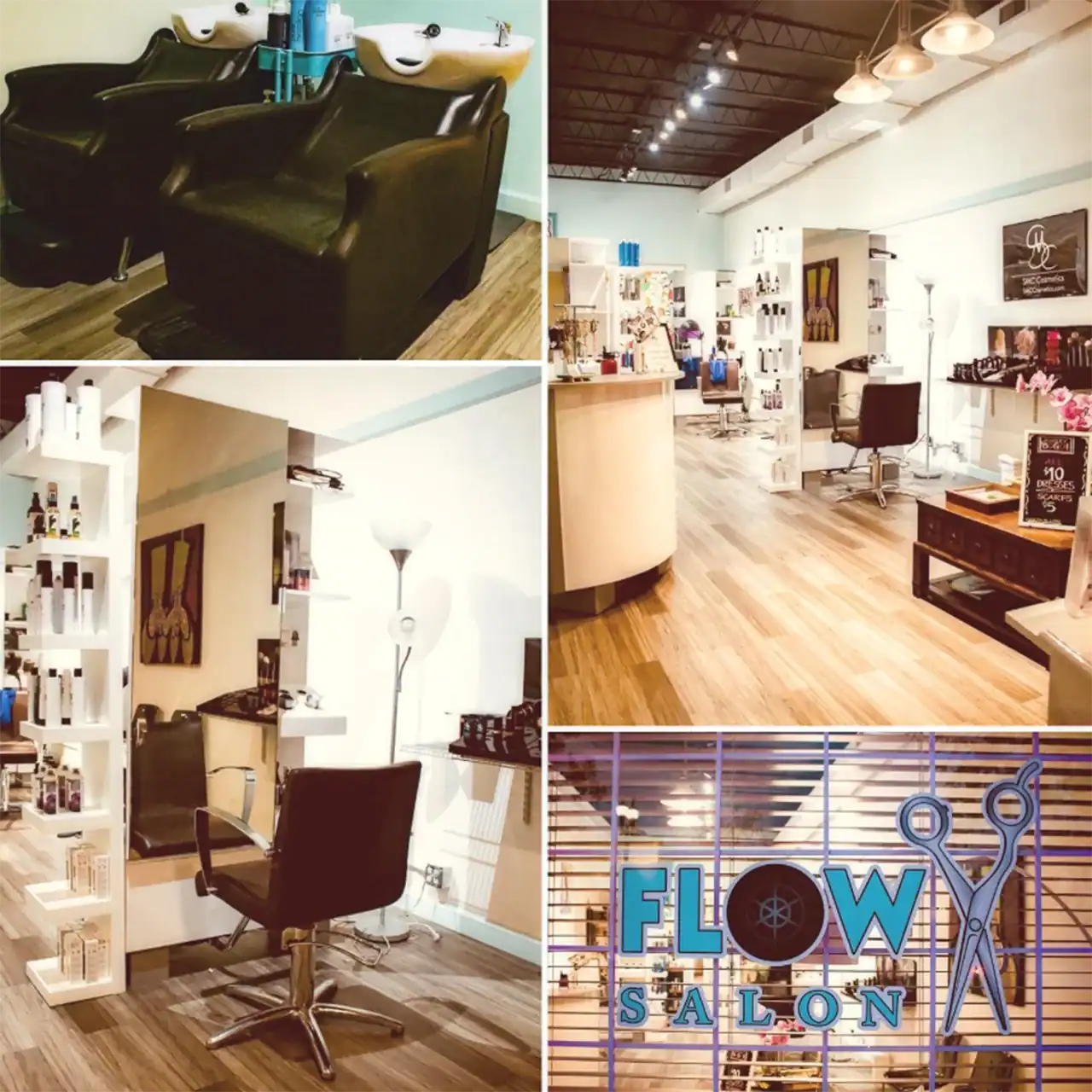 Hair salon chairs and interior decor with salon branding.