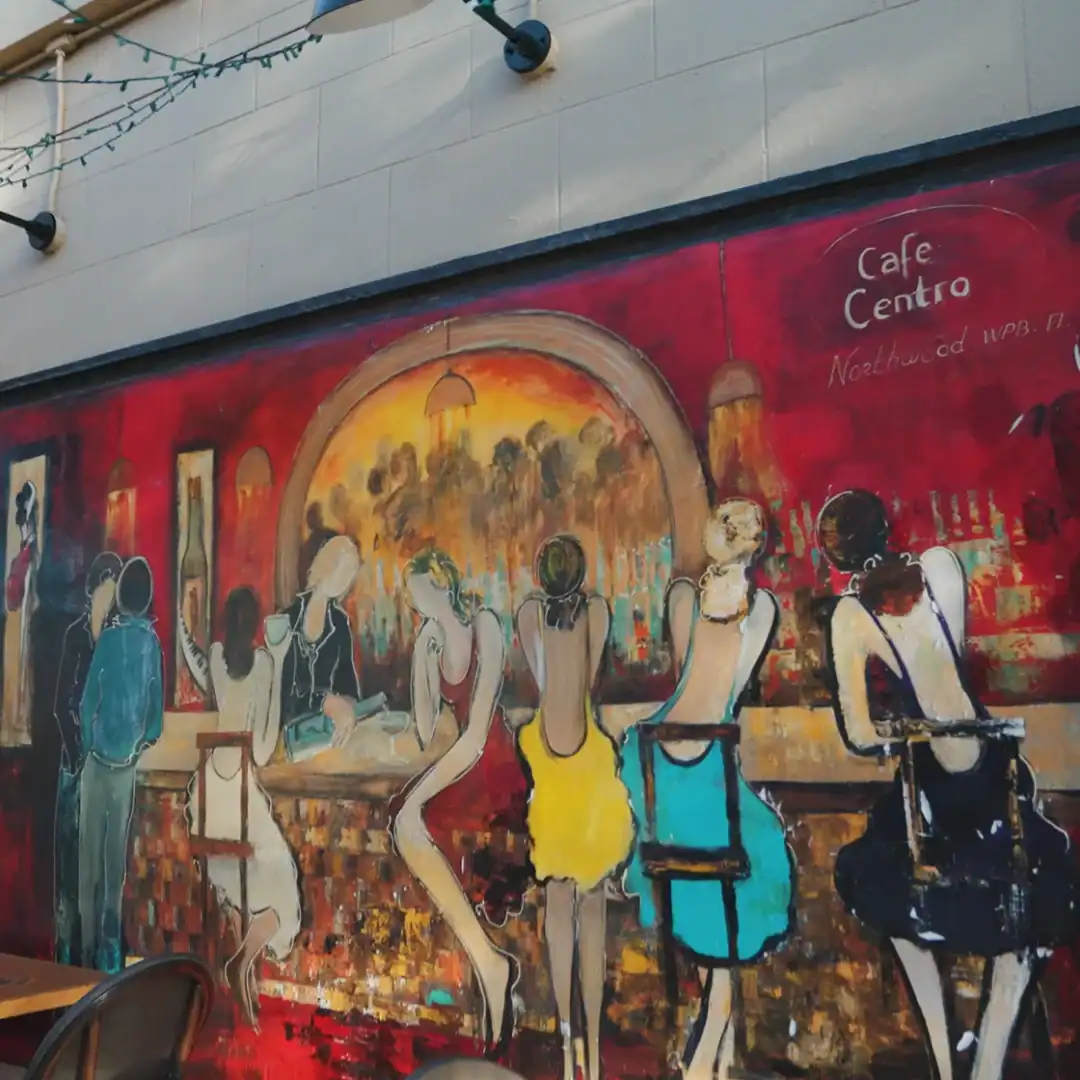 A vibrant sign for Harold's Coffee Lounge features a steaming coffee cup with a silhouette of a man in a hat.