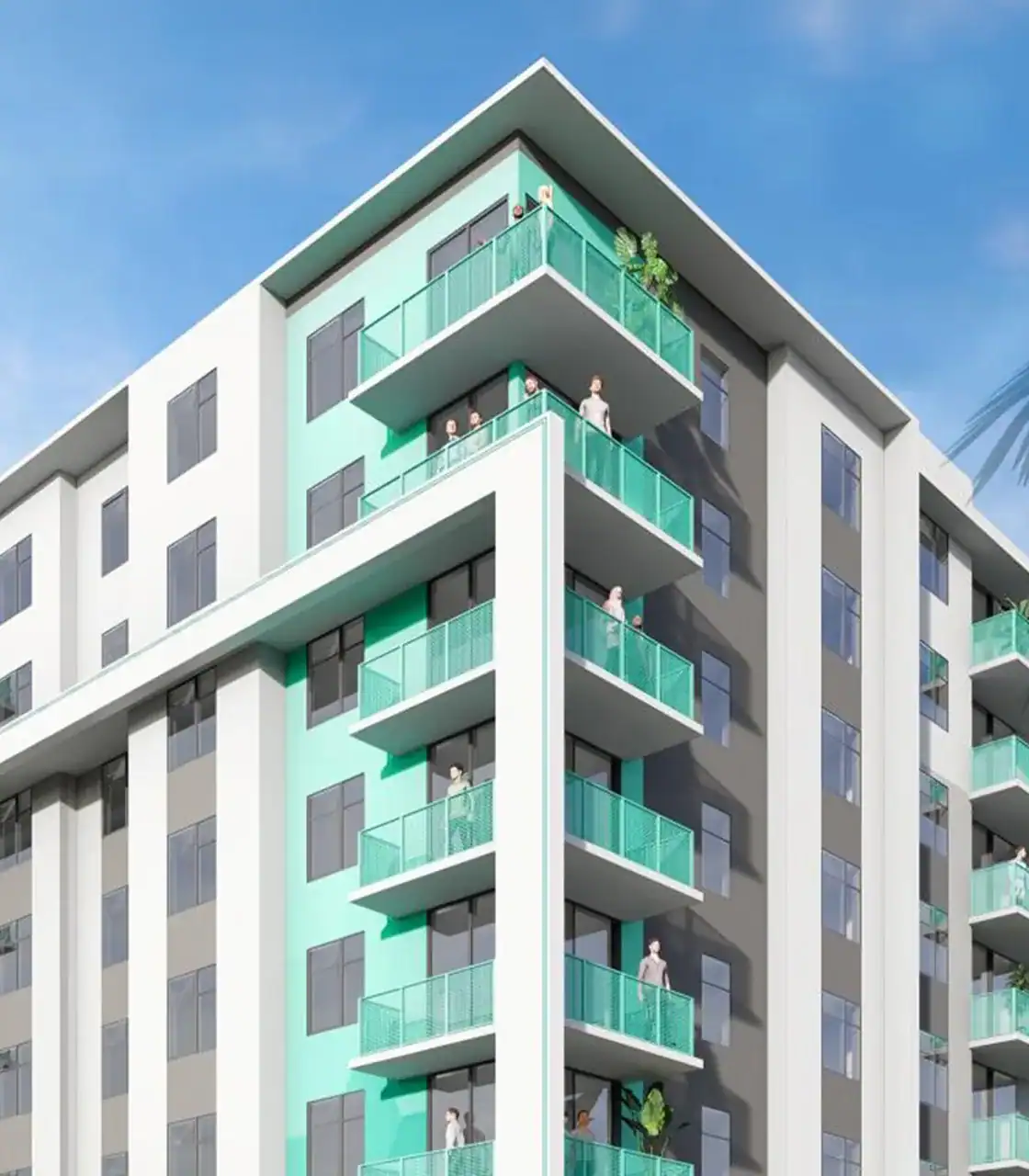Apartment building exterior with multiple balconies and large windows.