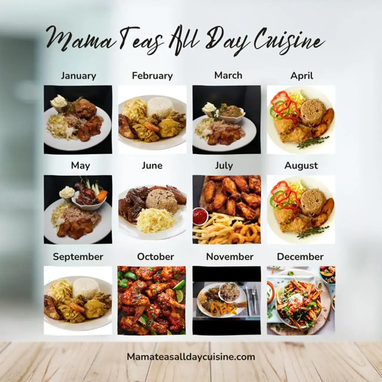 Monthly meal calendar for Mama Teas All Day Cuisine.