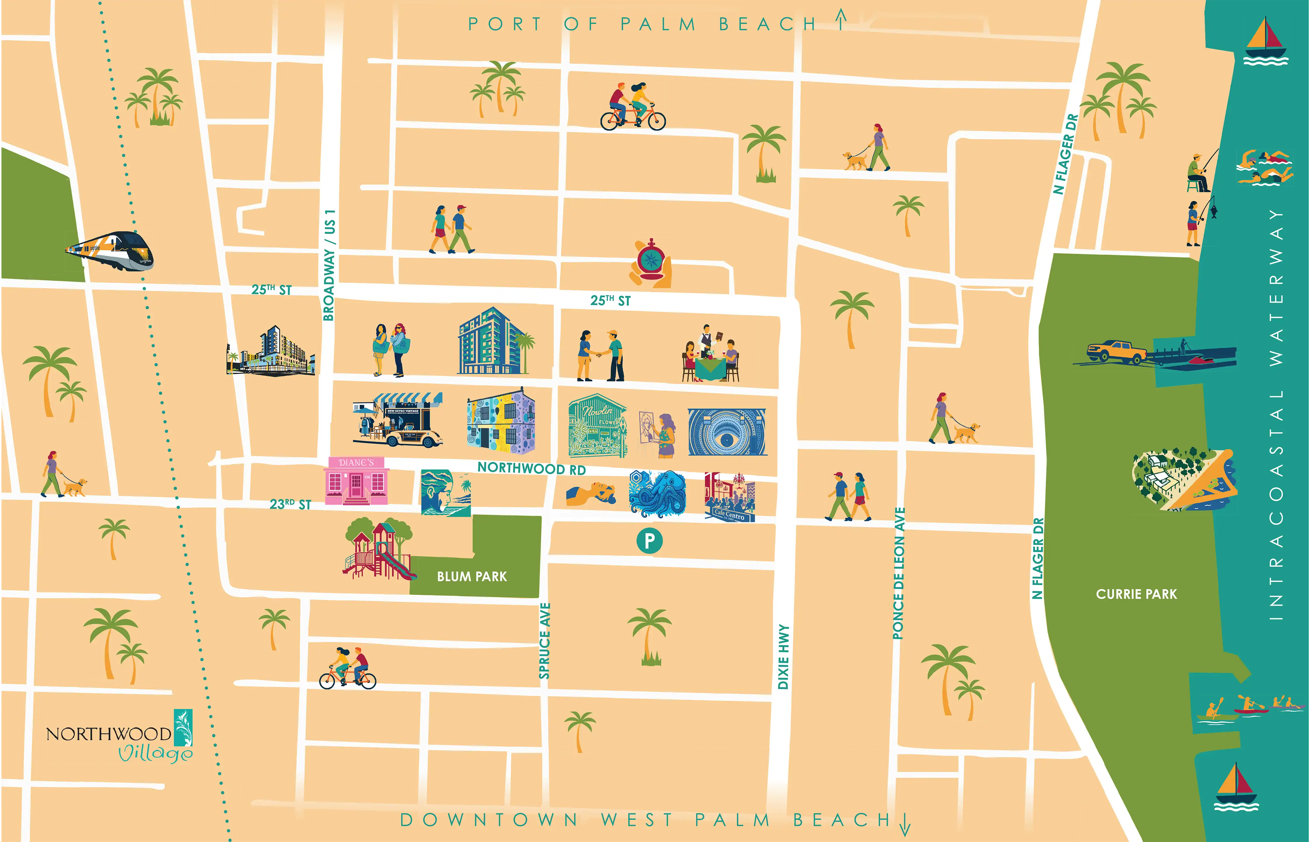 Northwood Village locations map. Drag to move the map. Use zoom controls to enlarge or reduce the map.