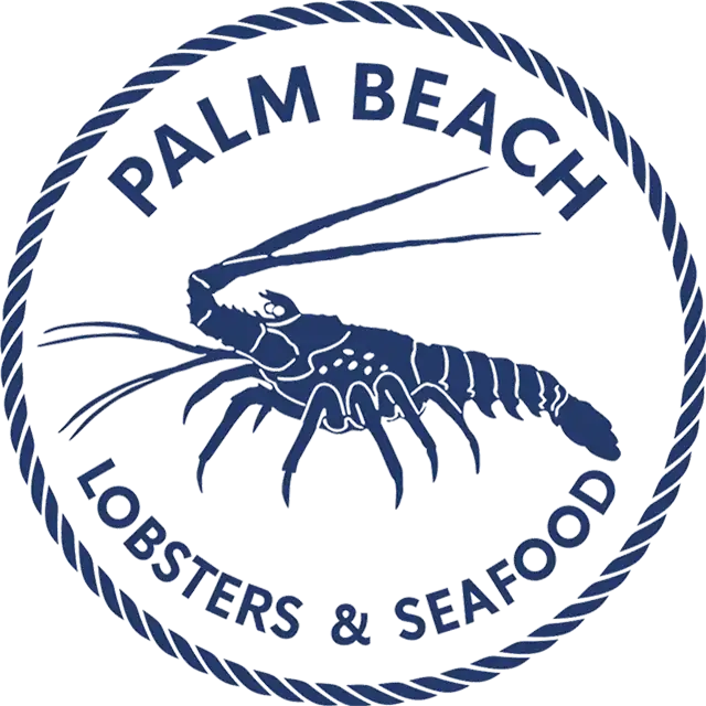 Lobster illustration with text "Palm Beach Lobsters & Seafood" in a circular design.
