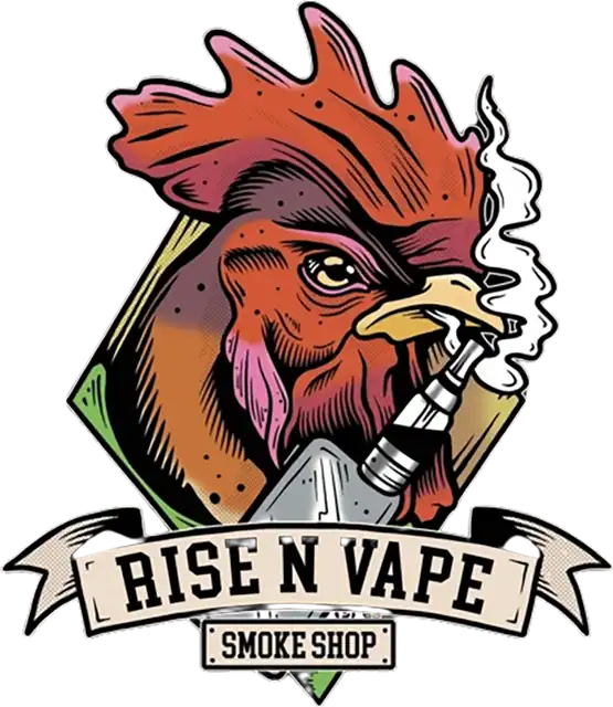 Rooster smoking vape with a cigarette in its beak, representing the Rise N Vape Smoke Shop.