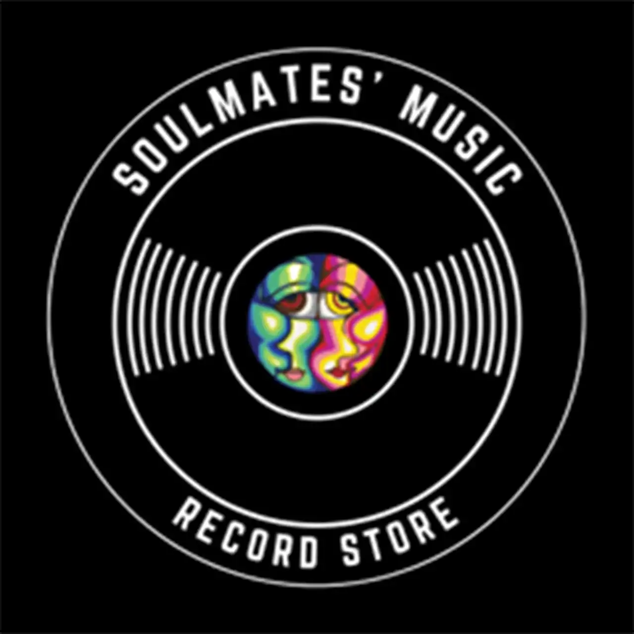Soulmates Music logo with colorful abstract faces and turntable elements.