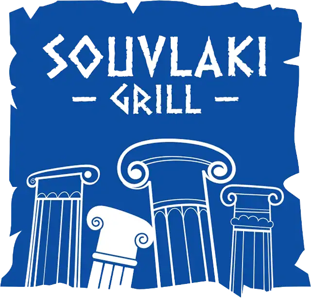 Souvlaki Grill logo with Greek-style columns and chef hat illustration.