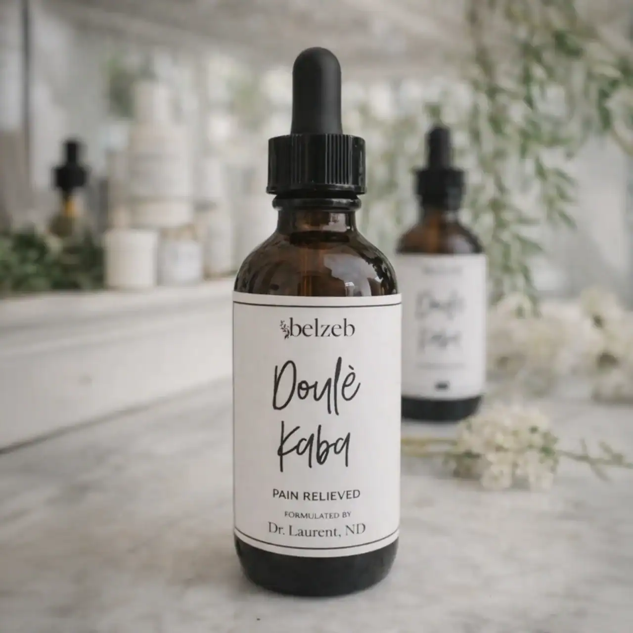 Doulé Kaba serum bottle with dropper cap on a light surface.