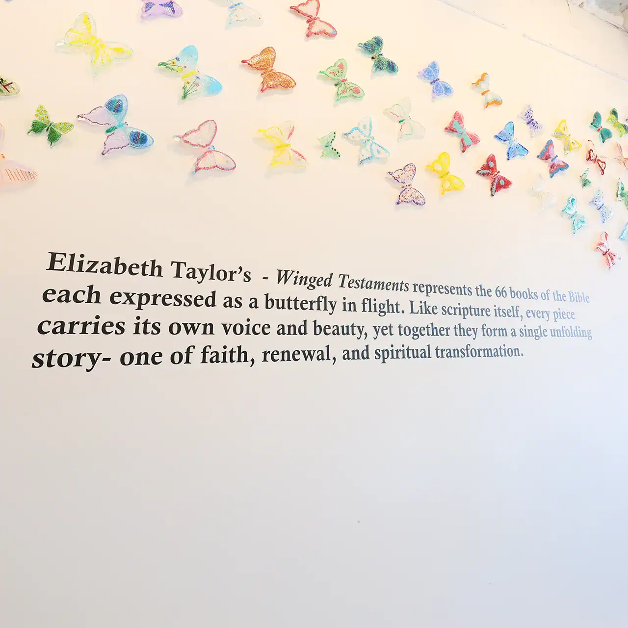Colorful paper butterflies representing faith and renewal in Elizabeth Taylor's Winged Testaments.